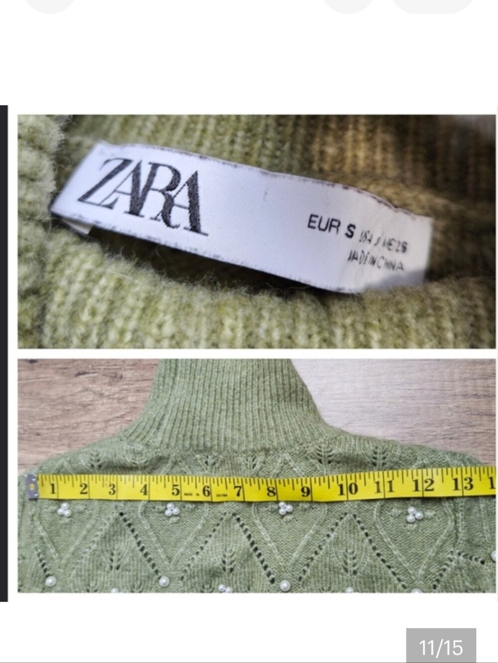 Zara Women's faux pearls diamond cable knit Mock Neck semi crop Green sweater S - Picture 15 of 15